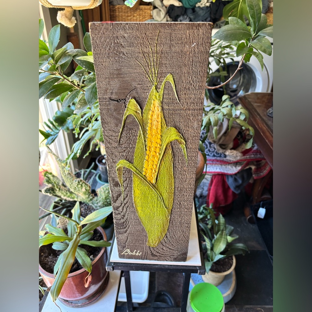 Vintage Wooden 3 Dimentional Corn Cob Oil Painting Wall Art. Signed Bobbi